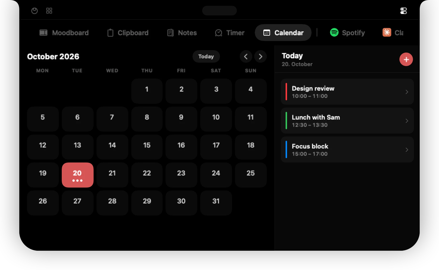 The Calendar tab with a month grid and the events of today