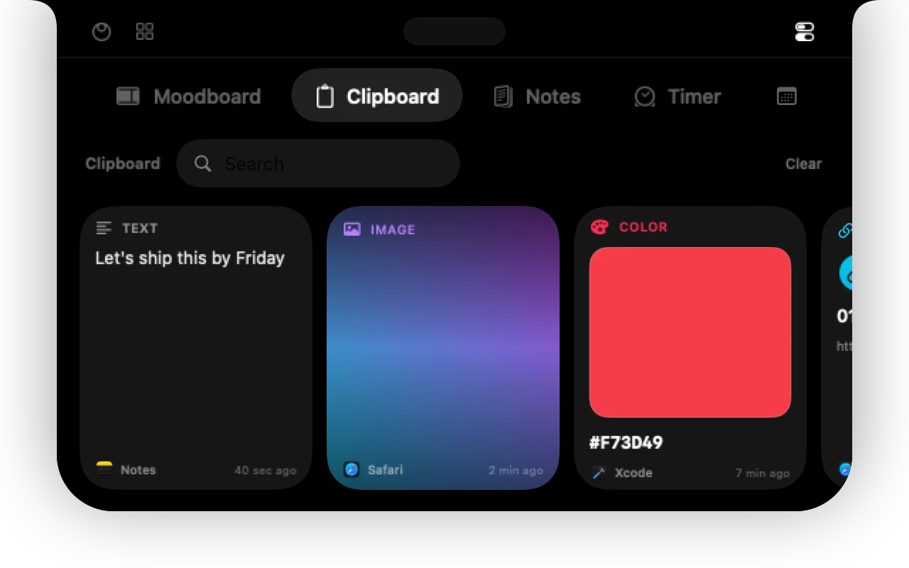 Clipboard cards for text, images, colours and links