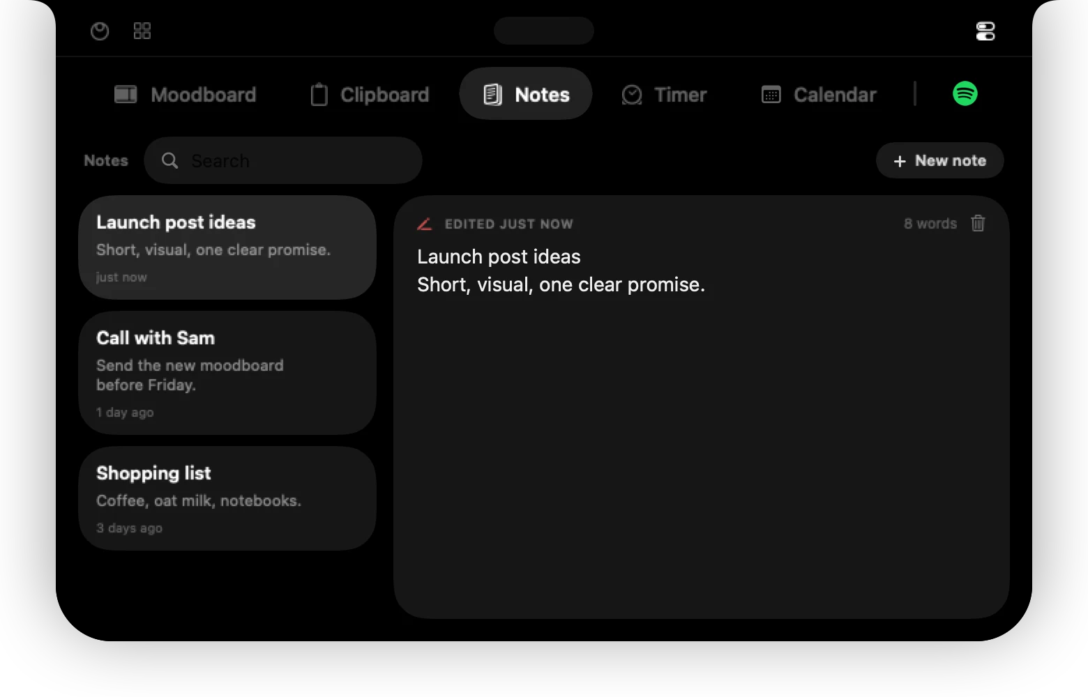 The Notes tab with three notes