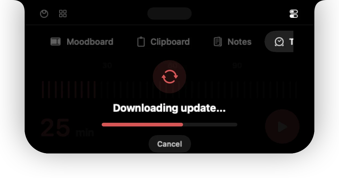 The update card with a progress bar